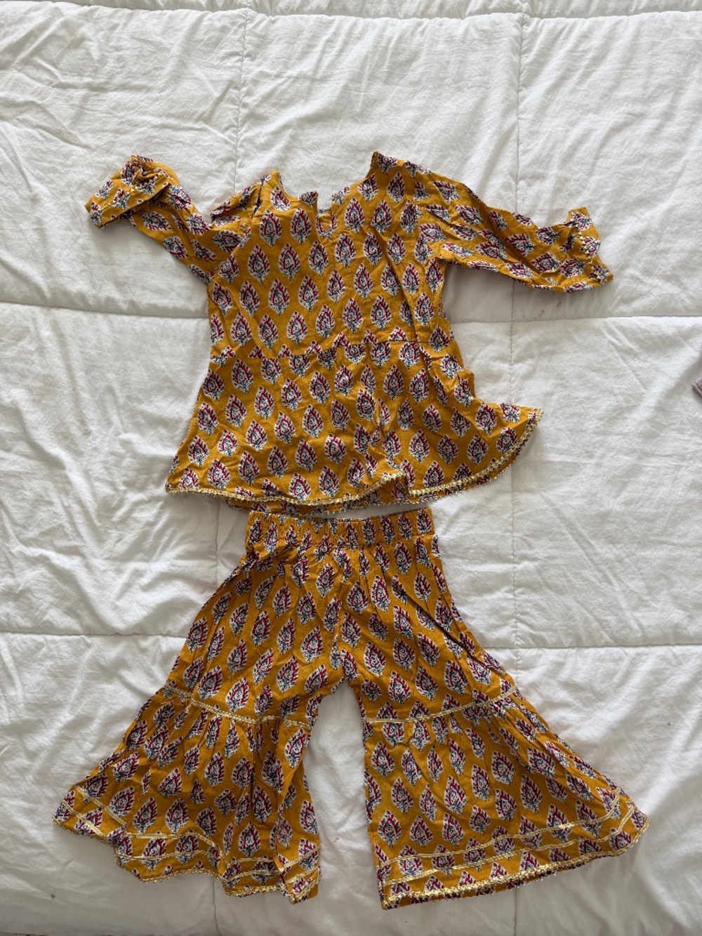 Girls Indian Kurti Sharara Set Mustard Print 2–3T
